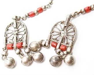 Yemen Tribal Silver & Red Coral Dangle Earrings Pr
