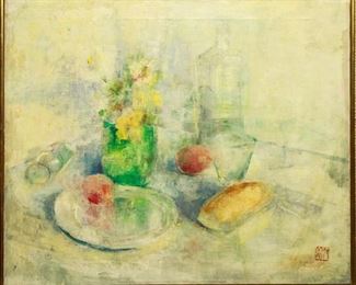 Still-life Flowers Fruit & Bread Oil on Canvas
