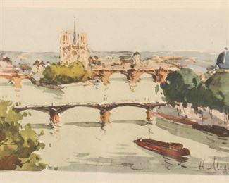 H Alexis "Paris View with Notre Dame" Watercolor
