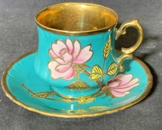 Gilt Turquoise Porcelain Teacup and Saucer

