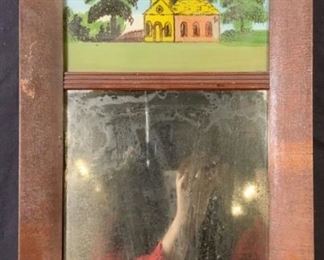 Vintage Mirror with Painted Church Scene
