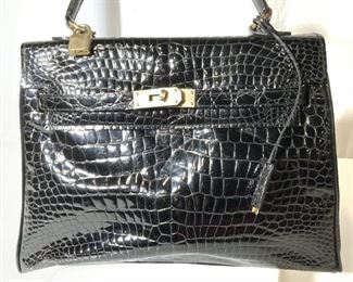 Black Leather Croc Handbag Purse
