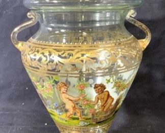 Venetian Glass Jar W Lid, Handles & Cherub Detail
