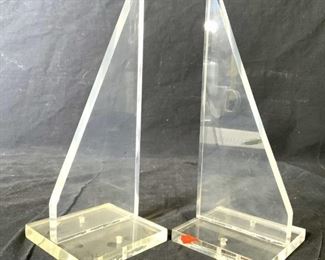 Pair Lucite Bookends W Square Bases
