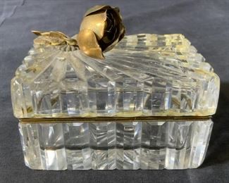 Vintage Crystal Trinket Box with Rose Figural
