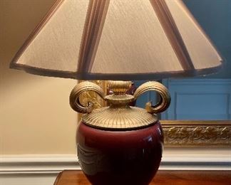 Heavy Brass & Glazed Burgundy Ceramic Table Lamp with Exquisite Shade!