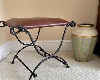 Small Occasional Stool with Iron Base and Stitched Leather Top