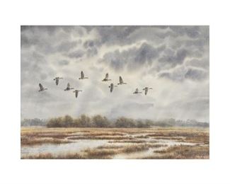 Herb Booth (1942-2014), Geese Flying South, watercolor, 21 x 29", frame: 25.25 x 33.75"
