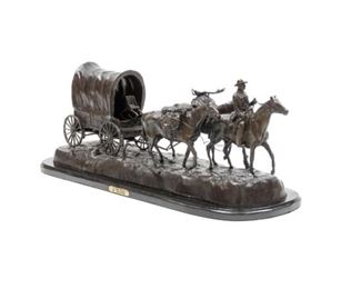 Charles Marion Russell (1864-1926),"Covered Wagon", recast bronze on marble base, 36 x 12 x 13.5