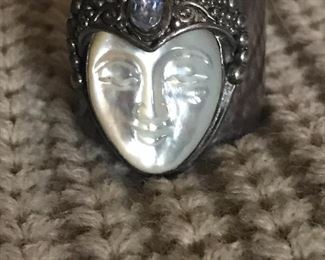 Stunning mabe pearl, amethyst and sterling carved ring