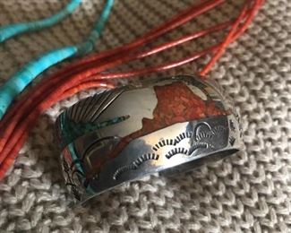Old Zuni turquoise and coral desert scene bear claw bracelet 