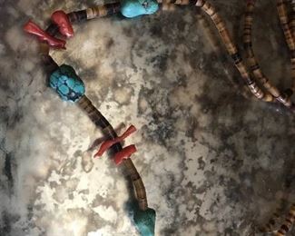 Amazing Zuni fetish necklace in antler, turquoise and coral.