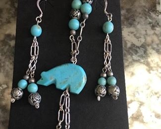 Sterling fetish turquoise earrings and necklace 