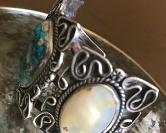 HUGE sterling turquoise and shell pearl cuff.  Statement piece 