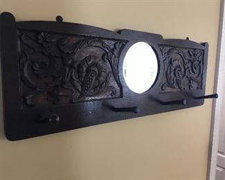 Antique Victorian wall hook with mirror.  Hand carved