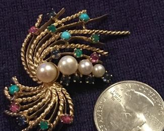 14KT gold multi stone pearl brooch 
1950s
