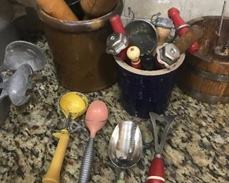 Antique kitchen tools and crocks