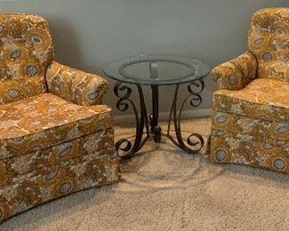 Vintage Arm Chair x 2 , Glass and Iron Table