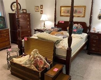 Antique mahogany Rice bed with queen mattress, antique trunk, bed steps, linens