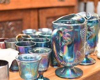 Vintage, Indian glass Harvest Grape, Blue Iridescent Pitcher and glasses