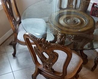 Gorgeous Carved Wood/Glass Dining Table, 4 Huge Chairs