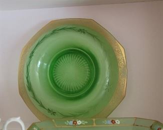 Art Deco Rolled Edge Green  Depression Glass Bowl