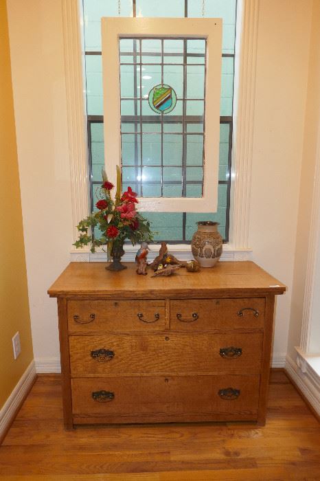 Great American Oak Cabinet and one of 3 Stained Glass Panels 