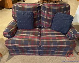 Custom Upholstered Plaid Love Seat with Double Recliner