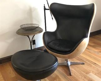 RH Egg Chair & Ottoman Interpretation, PB Task Lamp, One of Two Side Tables