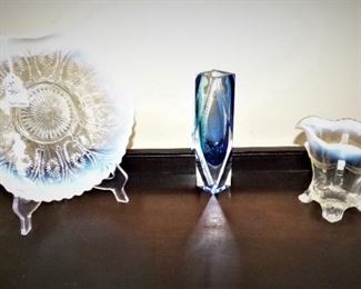 Antique Opalescent dish & creamer, Murano Faceted Vase