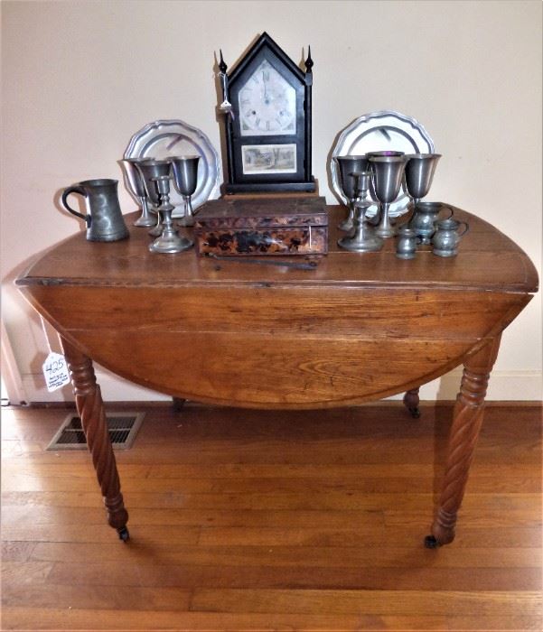 Antique Heart Pine Drop Side Table with Barley Twist Legs, Antique cathedral clock, Pewter pieces, Antique Spice Box