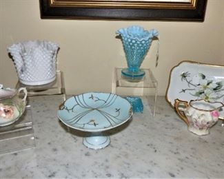 Fenton Blue Opalescent Hob Nail Vase, English Hobnail milk glass vase, Nippon Sugar bowl, etc.