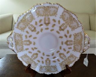 Iridescent Pink glass handled plate with gold gilt decoration