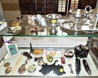 Sterling Cream, Sugar & tray, weighted sterling toothpick holder, Pocket watches, pocket knife, 