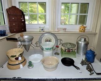 Enamel Top Kitchen Table, Watt Pottery bowl, Etc.