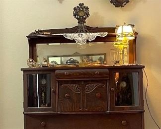 Antique Tiger Oak Sideboard Black Forest Clock and Barometer Set