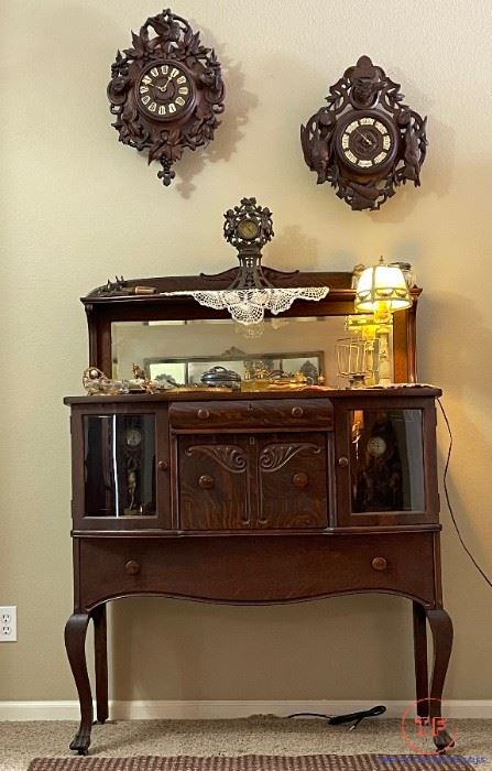 Antique Tiger Oak Sideboard Black Forest Clock and Barometer Set