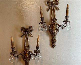 Rococo Style Brass Cherub Candelabra Sconces - PAIR