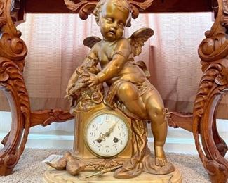 Large Antique Pot Metal Cherub Clock with Marble Base