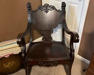 Gothic Revival Parlor Set with Carved Lion Heads - Bench and Rocker 