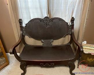Gothic Revival Parlor Set with Carved Lion Heads - Bench and Rocker 