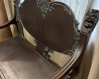 Gothic Revival Parlor Set with Carved Lion Heads - Bench and Rocker 