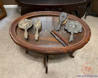Antique Carved Oval Table with Glass Topper