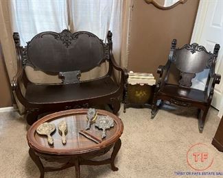 Gothic Revival Parlor Set with Carved Lion Heads - Bench and Rocker 
