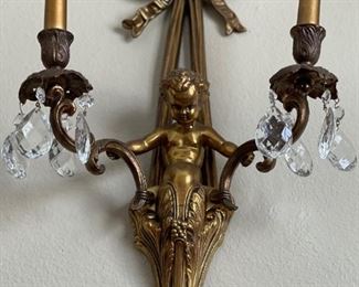 Rococo Style Brass Cherub Candelabra Sconces - PAIR