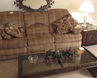 Mediterranean Coffee Table & End Table with Lamp, Overstuffed Love Seat