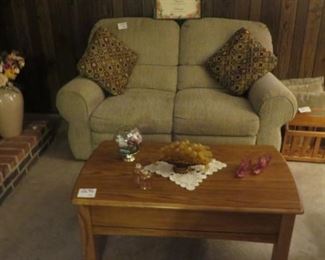 Heavy Oak Coffee Table, Overstuffed Love Seat, Magazine Rack