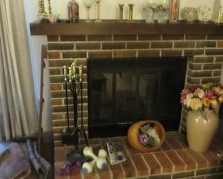 Fireplace Tools, Vase of Flowers, Misc Metal Candle Sticks, Flower Arrangements