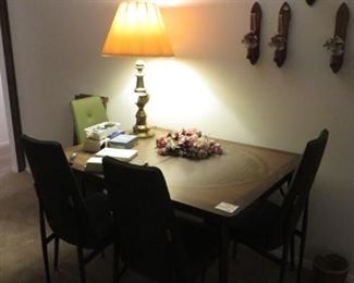Formica Table 48x36, with 4 Chairs and 2 - 11" leaves, Wood Candle Holders, Brass Lamp