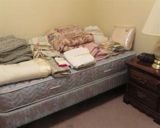 Twin Bed with Linens, Pine End Table, Lamp